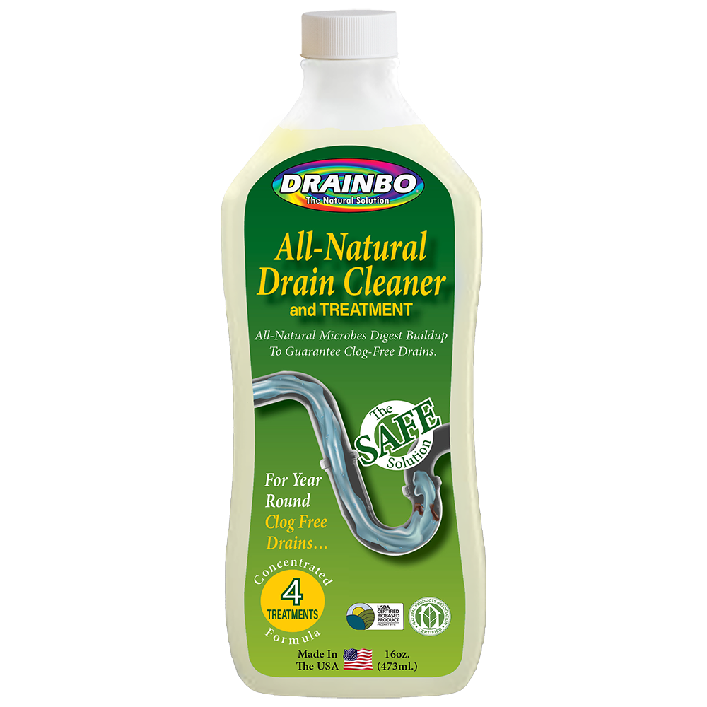 Spray bottle of Drainbo Stain & Odor Eliminator with pet images on label.