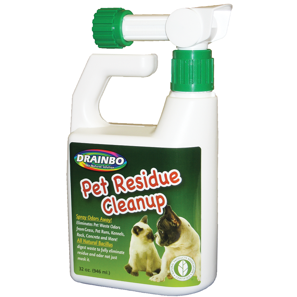 Spray bottle of Drainbo Stain & Odor Eliminator with pet images on label.
