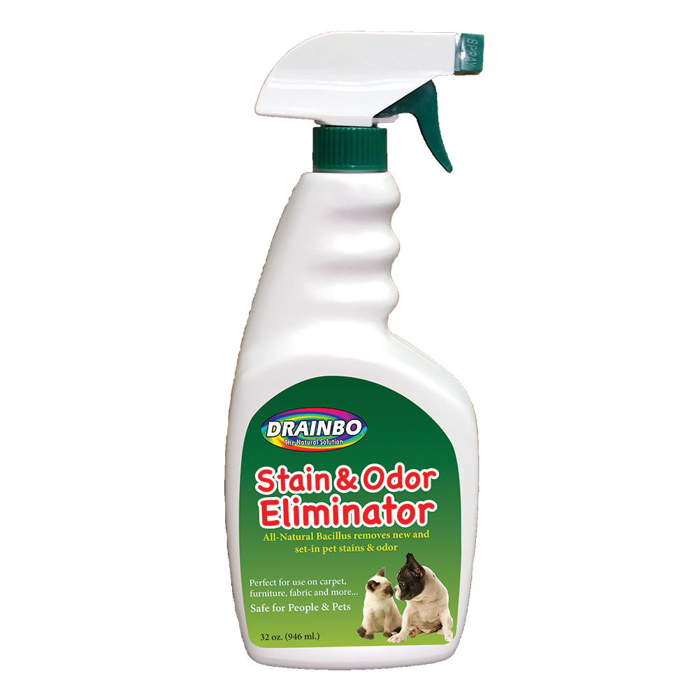 Spray bottle of Drainbo Stain & Odor Eliminator with pet images on label.